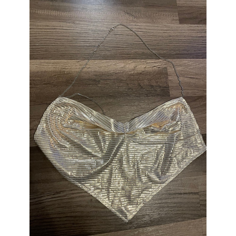 SHEIN Metallic Gold Chain Halter Crop Top Handkerchief Hem Cowl Neck Size M
